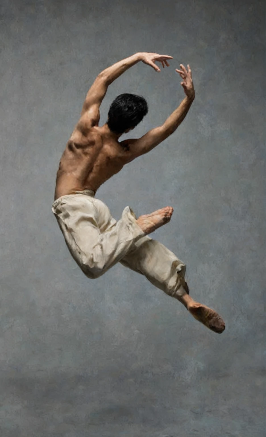 a man in a white shirt is jumping in the air, lois greenfield, david nakayama, inspired by Fei Danxu, roberto ferri and ruan jia, macoto takahashi, yusuke nakano, modern dance aesthetic, reuben wu, inspired by Kanō Naizen, Yusuke Murata, pointed pose, arabesque, simon lee