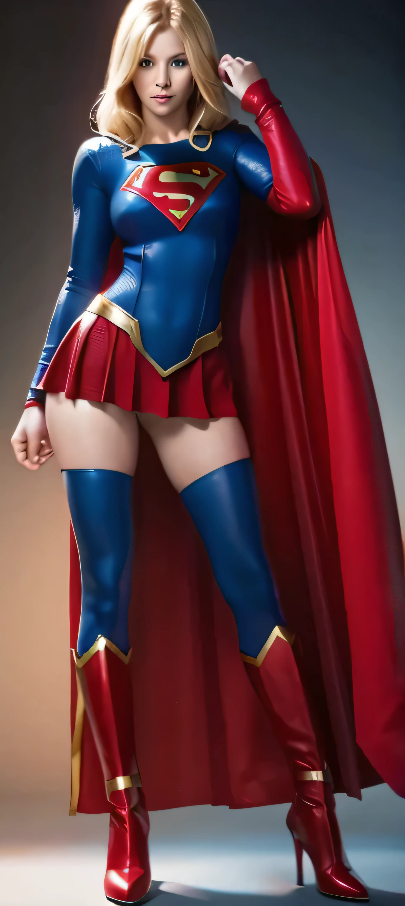 Supergirl, perfect costume, shining blue eyes, Beautiful woman, extremely blond hair, red cape
