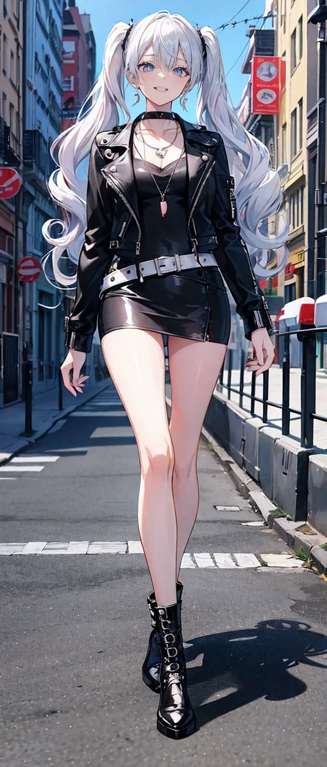 High resolution, high resolution,2D Anime Style,,Cool woman,Gal,tall,20th Generation,White hair long hair,Curly hair twin tails,Light blue eyes,Gal,Beautiful watch,Beautiful earrings,Lots of beautiful necklaces,Punk Fashion,leather jacket,He is smiling,Has fangs,whole body,Walking around the city,