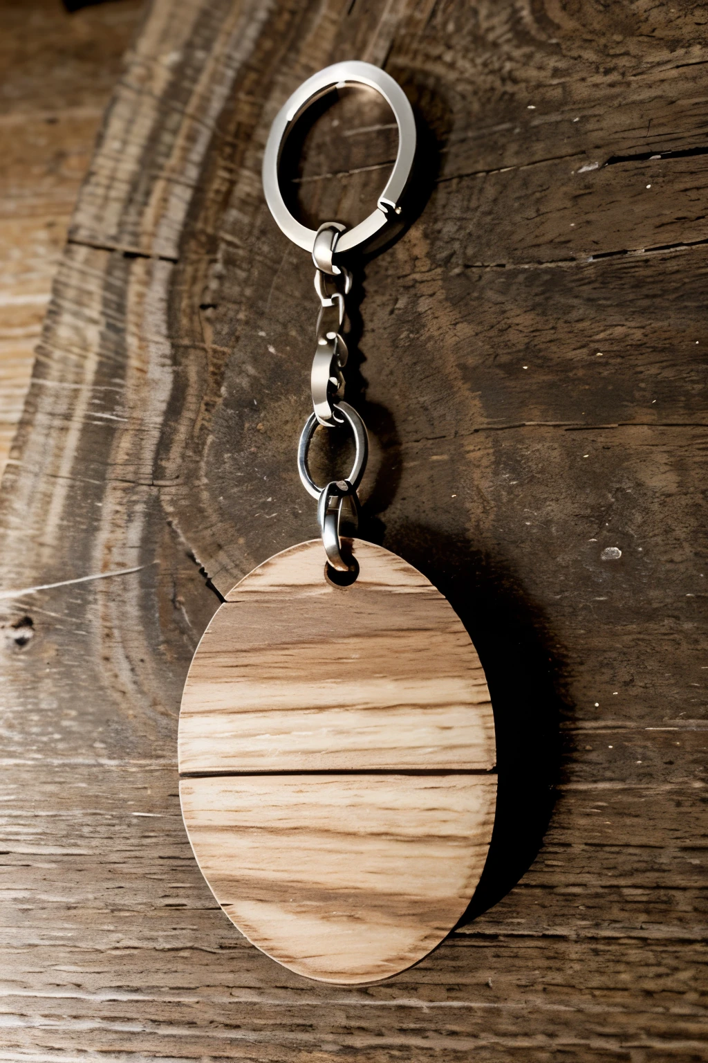 Create an image of an oval-shaped wooden keychain. The wood should show the growth rings very subtly, barely visible, so the natural texture is appreciated without being too striking. The keychain should include a small hole at the top for a metal ring. Ensure that the image conveys a sense of naturalness and elegance, highlighting the rustic and delicate beauty of minimally t