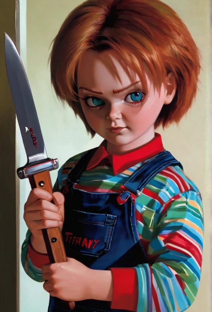 score_9, score_8_up, score_8, source_anime, 1boy, femboy, Chucky, red hair, overalls, striped top, sulking, pout, pouty, pouting, scar, arms crossed, norman rockwell style, (solo), shortstack, ((bloody background)), ((blood spatter across wall)), ((blood spatter)), (blood on wall), detailed, extremely detailed, semi realistic,