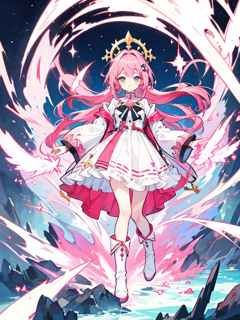 fantasy world girl with colorful hair, accessories, detailed clothes, girl with pink hair, white and red clothes, black boots