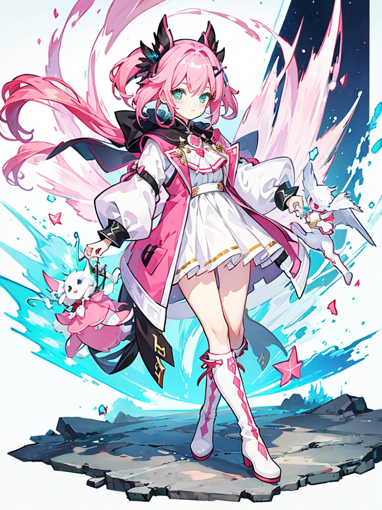 fantasy world girl with colorful hair, accessories, detailed clothes, girl with pink hair, white and red clothes, black boots