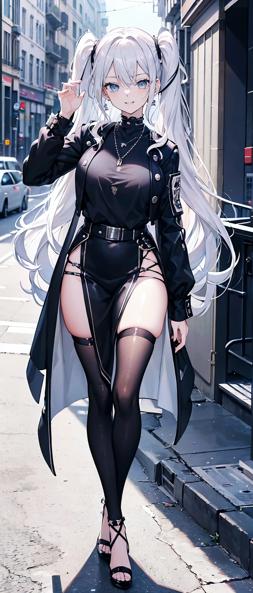 High resolution, high resolution,2D Anime Style,,Cool woman,Gal,tall,20th Generation,White hair long hair,Curly hair twin tails,Light blue eyes,Gal,Beautiful watch,Beautiful earrings,Lots of beautiful necklaces,Punk Fashion,He is smiling,Has fangs,whole body,Walking around the city,