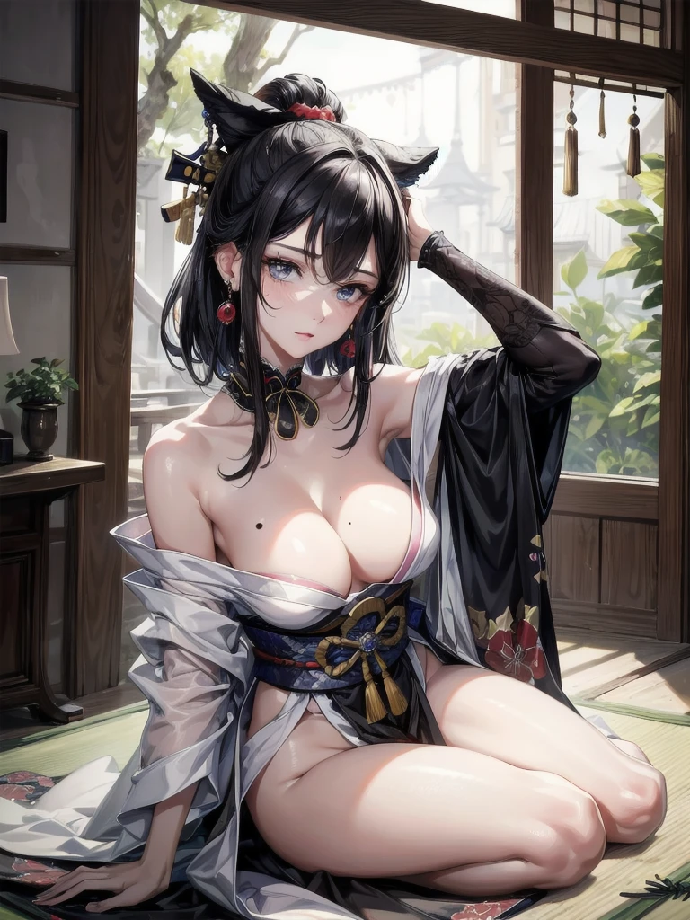 absurdres, RAW photo, extremely delicate and beautiful, masterpiece, Best Quality, ultra high resolution, 32k, hyperrealistic, ultra-detailed, in her 20s, delicate facial features, tearful mole, earring, medium breasts, full body shot, shorter middle hair, black hair, kimono, ninja, samurai,