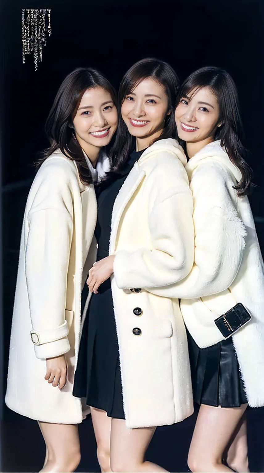 8K, RAW Photos, Full body photo, Realistic: 1.25), (Lip gloss, eyelash, Glossy face, Glowing Skin, Super beautiful sexy Japanese women, 20-year-old, Highest quality, Ultra-high resolution, Depth of written boundary, chromatic aberration, Caustics, Moisturized lips, Ultra Cropped Face, Shining Detail Eyes, Half-up dark brown hair, Snazzy, Same height, White long coat, Thick long coat, Feather long coat, Black knit dress, Black mini skirt, Black long boots, Three girls standing and hugging each other, Big Breasts, Sheer