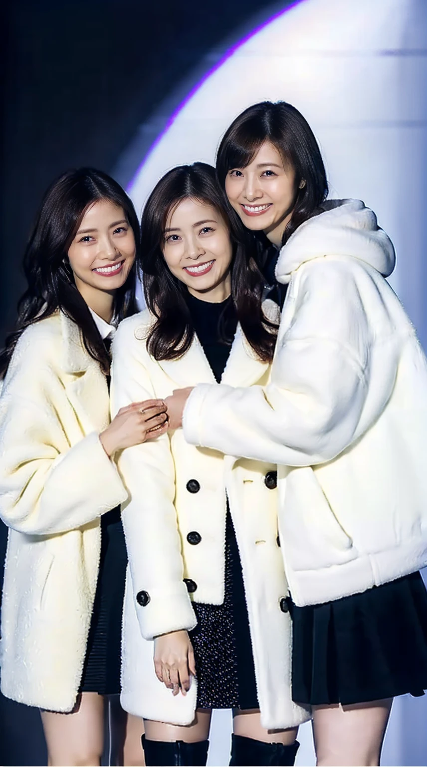 8K, RAW Photos, Full body photo, Realistic: 1.25), (Lip gloss, eyelash, Glossy face, Glowing Skin, Super beautiful sexy Japanese women, 20-year-old, Highest quality, Ultra-high resolution, Depth of written boundary, chromatic aberration, Caustics, Moisturized lips, Ultra Cropped Face, Shining Detail Eyes, Half-up dark brown hair, Snazzy, Same height, White long coat, Thick long coat, Feather long coat, Black knit dress, Black mini skirt, Black long boots, Three girls standing and hugging each other, Big Breasts, Sheer
