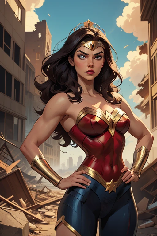 (masterpiece, best quality:1.2), 1girl, solo, (((A comic style, cartoon art))), A comic book-style image of Wonder Woman in dynamic sexy pose, with her as the central figure. She is standing with her hands on her hips, looking straight ahead with determination. She wears a red, blue and gold outfit, with a white star on her chest and a golden tiara on her forehead. She has long, straight dark hair, blue eyes and red lips. She is surrounded by a city in ruins, with destroyed buildings and smoke. She has a serious and confident expression, as if she is ready to fight evil. higly detailed.