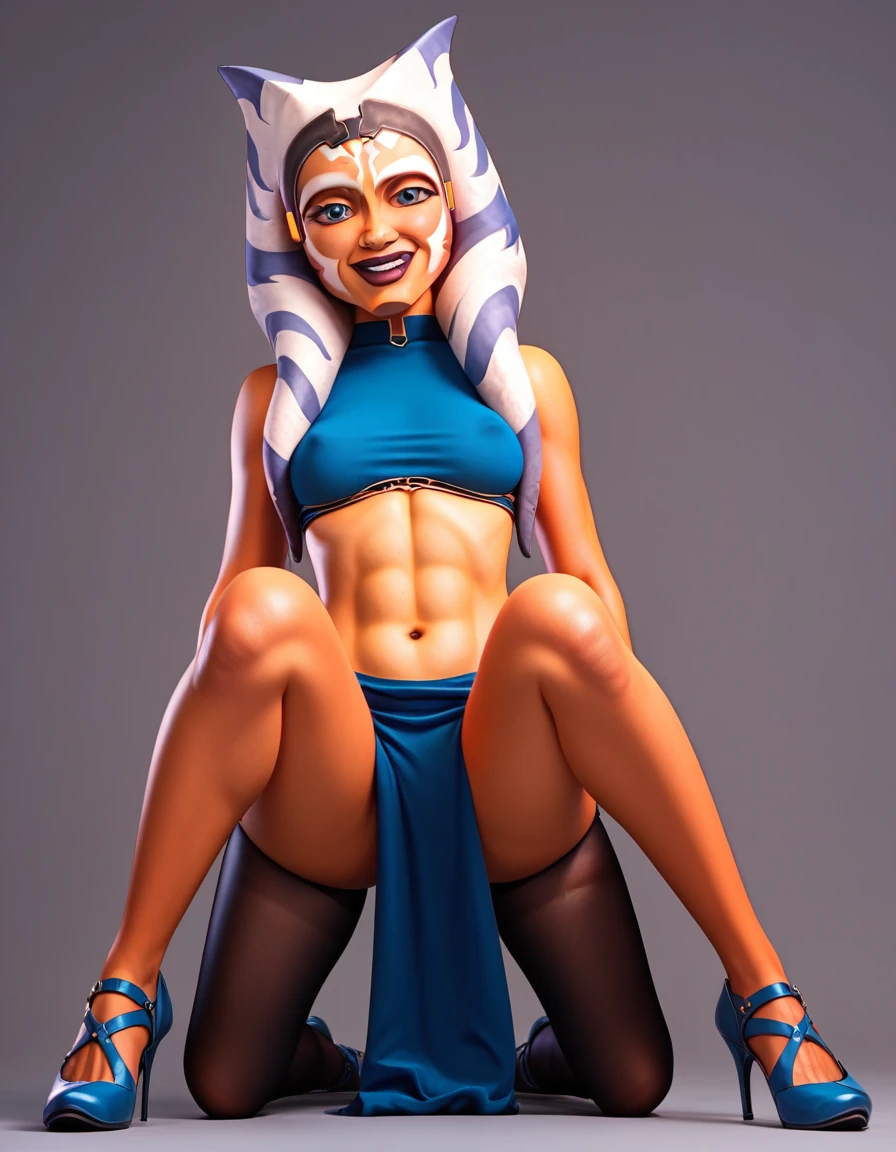 Ahsoka con black pantyhose, from ahead, with thin and not high blue heels, loincloth and blue top, black pantyhose, looking smiling at the viewer, not extremely strong