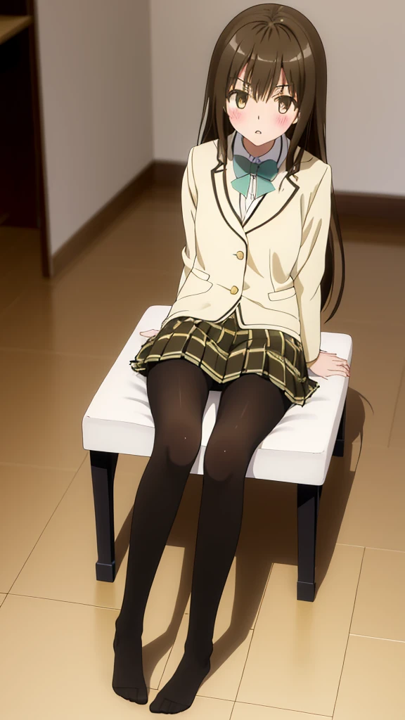 Highest quality, masterpiece, High resolution, (Head to Toe full body), front, frontやや下からの構図, Symmetric, Tall 18 year old girl, alone, (Head to Toe), (Small breasts), disheveled brown hair, bangs, (black tights), (Black Pantyhose), (Sit with your legs apart), (Crouching pose), (Composition showing white panties), (She has her legs spread and her white panties are visible.), (Sit on the floor with your legs spread), (M-shaped foot), Thin legs, とても美しくTall 18 year old girl, (No shoes), blush, Shy big eyes, Looking into the camera, Blazer uniform, Checkered Pleated Skirt、Furukawa Yui