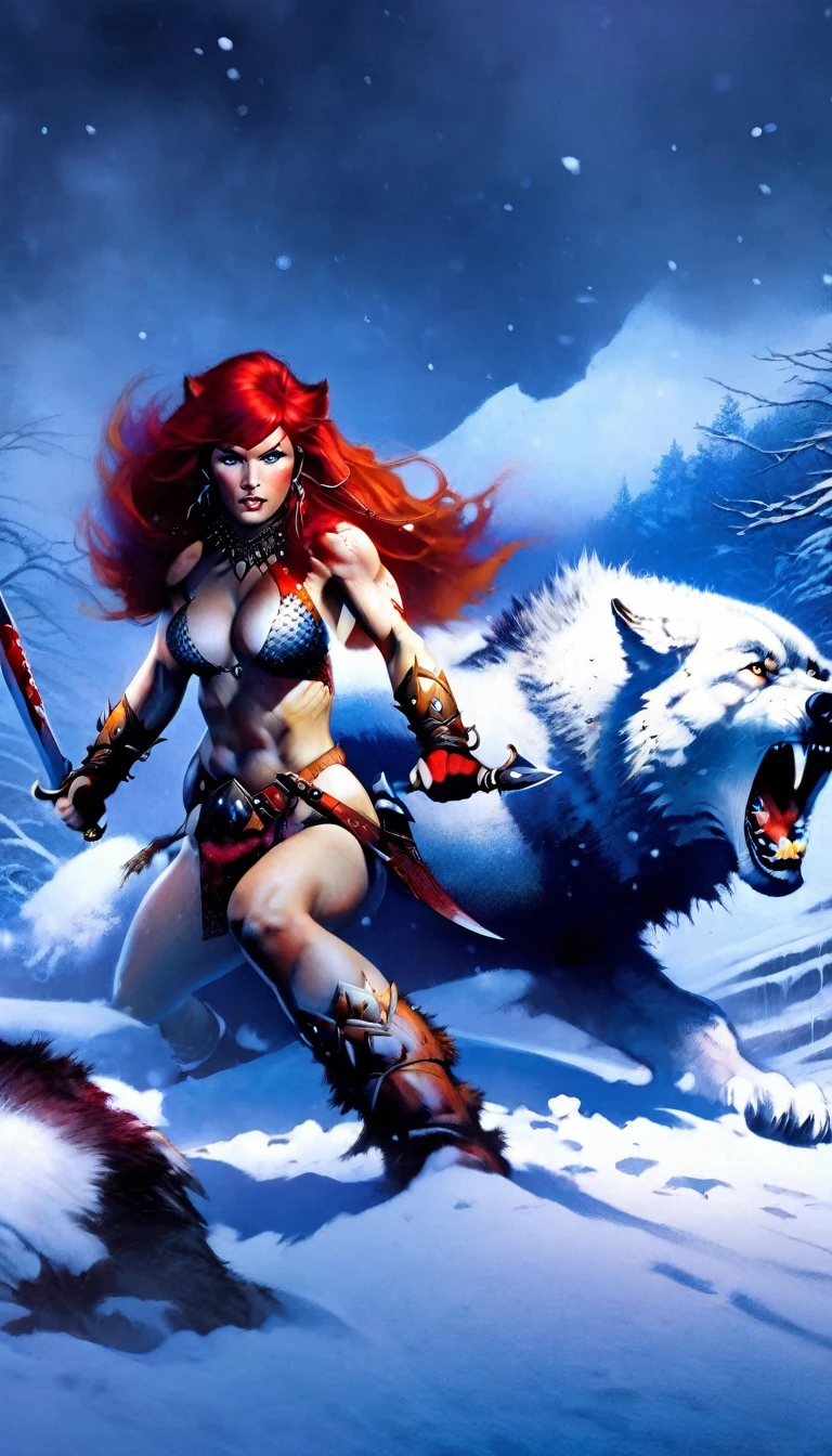 A fierce red-haired warrior woman, Red Sonja, fighting a massive 1giant wolf in a snowy landscape, blood stains on the pristine white snow, (best quality,4k,8k,highres,masterpiece:1.2),ultra-detailed,(realistic,photorealistic,photo-realistic:1.37),HDR,UHD,studio lighting,ultra-fine painting,sharp focus,physically-based rendering,extreme detail description,professional,vivid colors,bokeh,portraits,concept art,dramatic lighting,cold tones,snow,icy,winter
