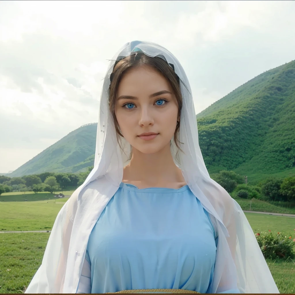 Very beautiful woman with light blue eyes, wearing blue tunic and thick white veil 