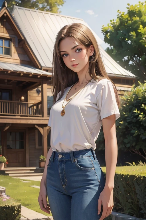 (((Masterpiece, Best Quality, High Resolution)))), Extremely detailed 8K, (Ultra HD, Ultra-detailed, Highly detailed, Highly realistic, Ultra-realistic, photograph realistic), (HD Quality), (Medium full shot), Bulgarian girl, Beautiful face, (brunette hair, long straight hair), (blue eyes, sharp eyes), ivory skin tone, (Slim toned body, 5 ft. 4 tall), Delicate layered gold necklace, White lace shirt with short sleeves, Navy blue skinny jeans, Short brown boots, (casual poses, looks directly at the camera, serious expression with a slight smile), Beautiful frontward, American craftsman house, one hidden treehouse, neighborhood, summertime
