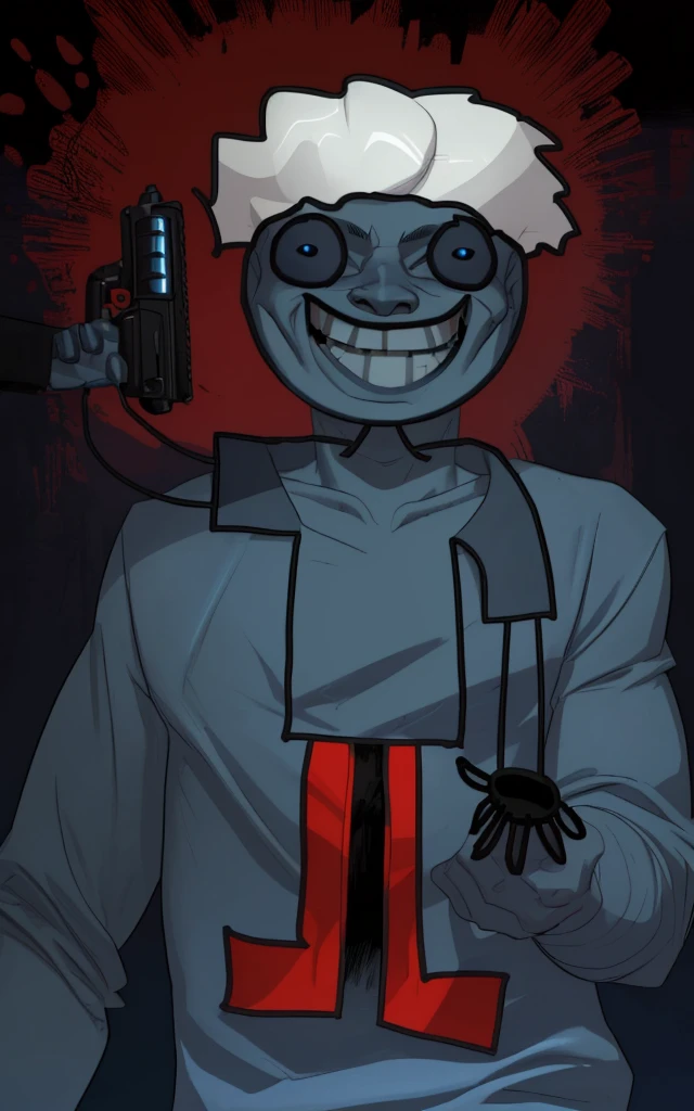 A psychopathic black boy wearing a blue shirt with a scary smile and holding a gun