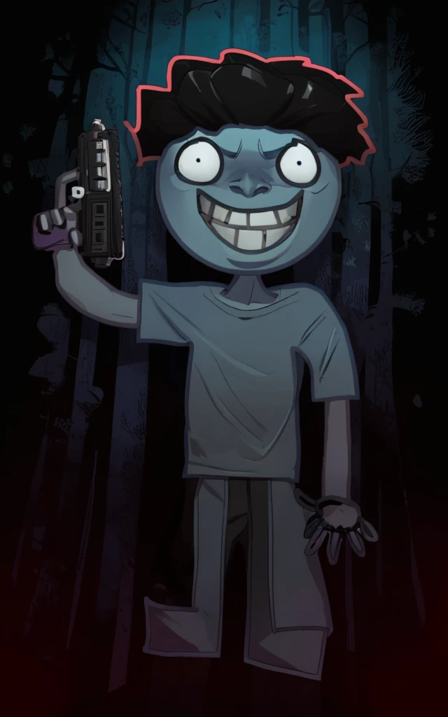 A psychopathic black boy wearing a blue shirt with a scary smile and holding a gun