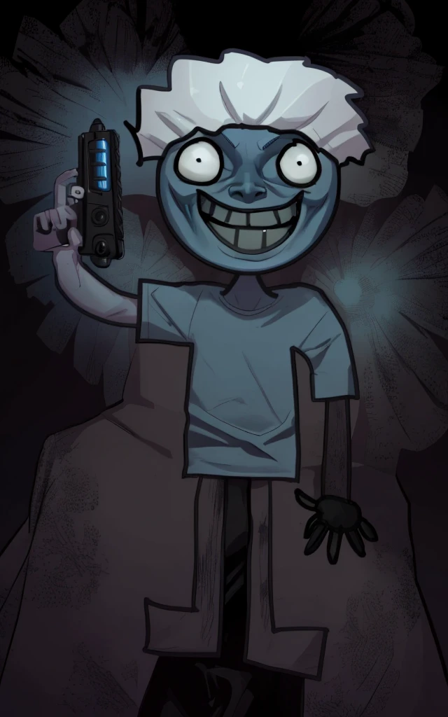 A psychopathic black boy wearing a blue shirt with a scary smile and holding a gun
