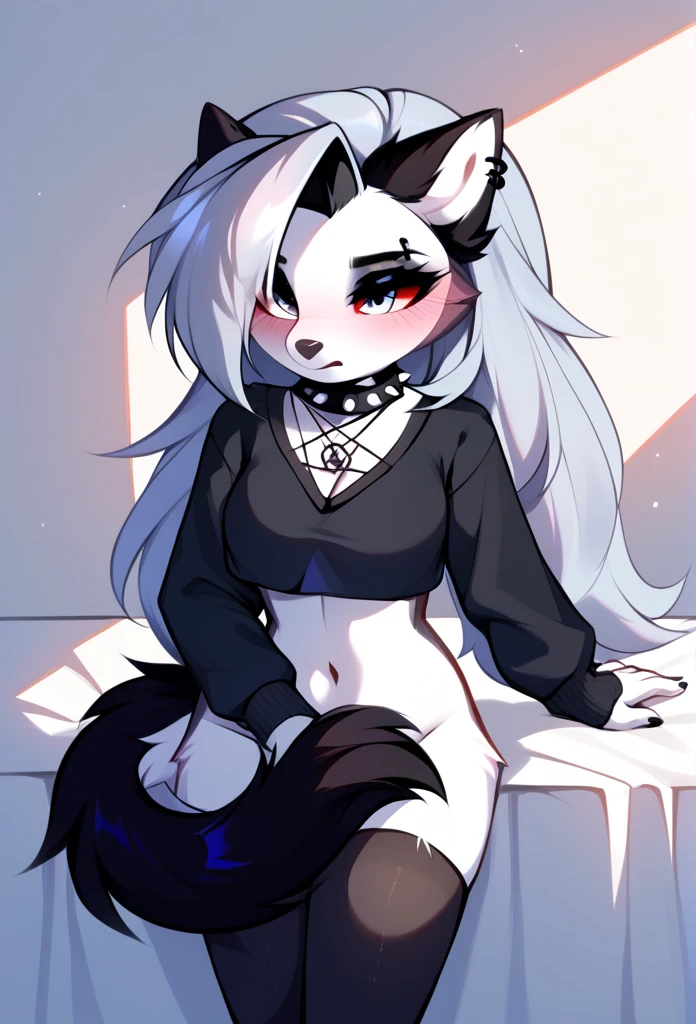 score_9, score_8_up, score_7_up, source_furry, rating_safe, magnaluna, loona posing seductively in a goth bedroom, anthro, blushing, (tail covering crotch:1.3), 