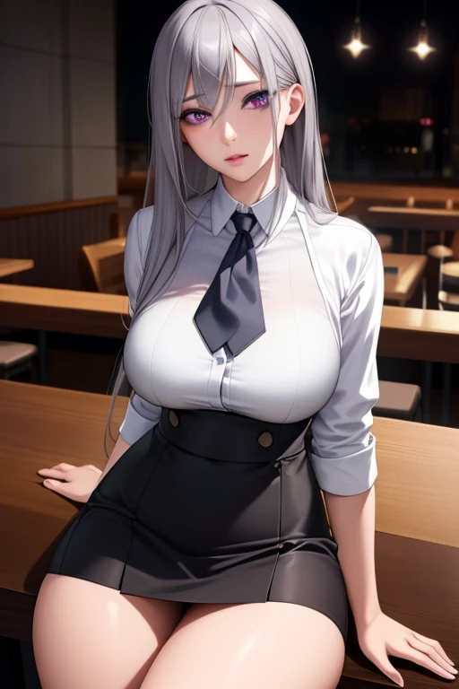 sakuyarindou768 (Wearing business outfit,formal jacket,neck tie, tie,white shirt, skirt, heels,High waist Skirt)( big perfect round breasts,hourglass body, thin waist,btpt-fc,Photo realistic, (hyperrealistic:1)beautiful, masterpiece, best quality, extremely detailed face, perfect lighting,detailed eye makeup, detail face, nice detailed eyes,nice hands, perfect hands (realistic pupils,realistic iris:1) heavy eye makeup,gray hair,long hair,bue eyes,  (working at a restaurant, background restaurant)