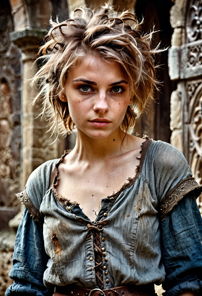 photorealistic, cute woman with messy hair and poor tattered clothes, beautiful sexy, (detailed medieval background), ultra sharp focus, detailed face, (((posing))),  random hair color, short hair, pretty eyes, whole body, High quality analog color photography.,  depth of field, film grain 