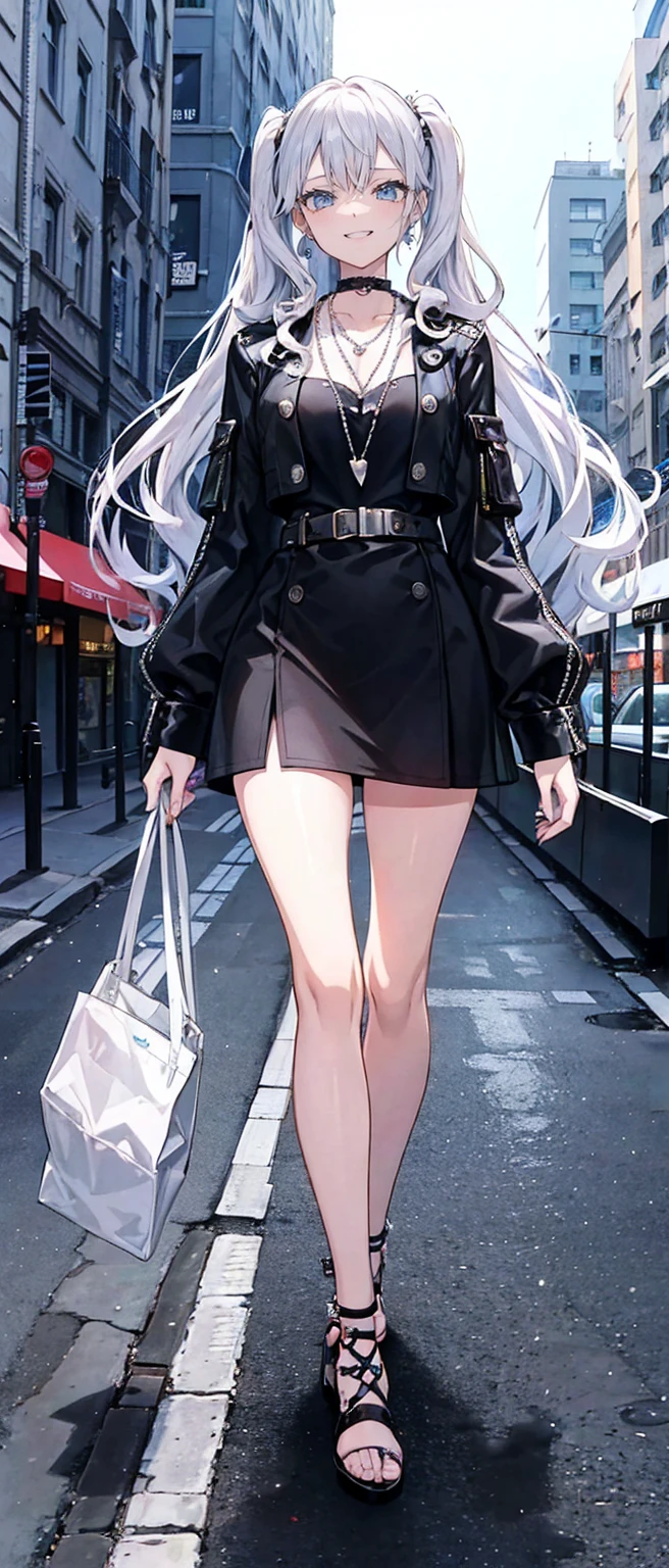 High resolution, high resolution,2D Anime Style,,Cool woman,Gal,tall,20th Generation,White hair long hair,Curly hair twin tails,Light blue eyes,Gal,Beautiful watch,Beautiful earrings,Lots of beautiful necklaces,Punk Fashion,He is smiling,Has fangs,whole body,Walking around the city,