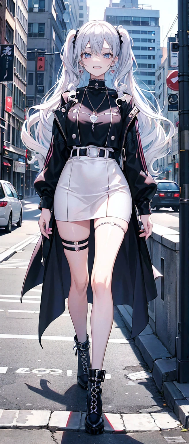 High resolution, high resolution,2D Anime Style,,Cool woman,Gal,tall,20th Generation,White hair long hair,Curly hair twin tails,Light blue eyes,Gal,Beautiful watch,Beautiful earrings,Lots of beautiful necklaces,Punk Fashion,He is smiling,Has fangs,whole body,Walking around the city,