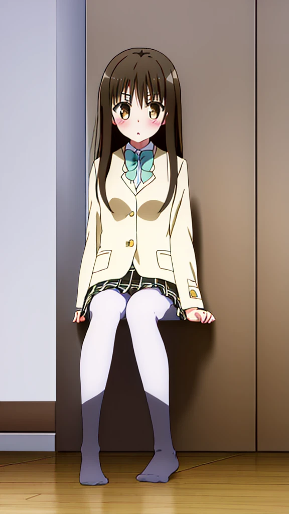 Highest quality, masterpiece, High resolution, (Head to Toe full body), front, frontやや下からの構図, Symmetric, Tall 18 year old girl, alone, (Head to Toe), (Small breasts), disheveled brown hair, bangs, (black tights), (Black Pantyhose), (Sit with your legs apart), (Crouching pose), (Composition showing white panties), (She has her legs spread and her white panties are visible.), (Sit on the floor with your legs spread), (M-shaped foot), Thin legs, とても美しくTall 18 year old girl, (No shoes), blush, Shy big eyes, Looking into the camera, Blazer uniform, Checkered Pleated Skirt、Furukawa Yui