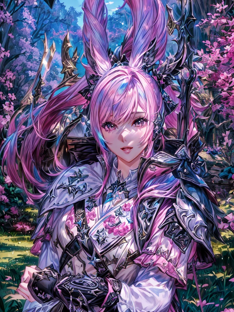 Closeup of a costumed person with pink hair, final fantasy style 14, Final Fantasy 1 4, Final Fantasy 1 4 screenshot, ffxiv cielo, Final Fantasy XIV, ffxiv, final fantasy 14 sharp, thinning pink hair, Pink hair and cyan eyes., character close up, character closeup, female character with bigger eyes and with a bow on her back you can make a very beautiful forest environment