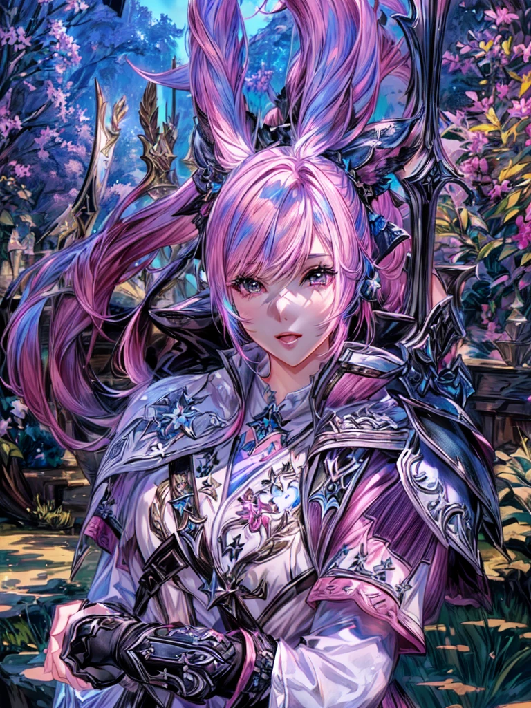 Closeup of a costumed person with pink hair, final fantasy style 14, Final Fantasy 1 4, Final Fantasy 1 4 screenshot, ffxiv cielo, Final Fantasy XIV, ffxiv, final fantasy 14 sharp, thinning pink hair, Pink hair and cyan eyes., character close up, character closeup, female character with bigger eyes and with a bow on her back you can make a very beautiful forest environment