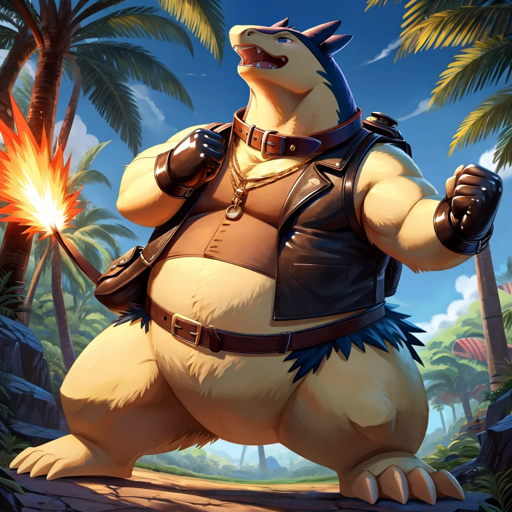 Male, fat, extremely obese, gentleman, Typhlosion, blue eyes, (posing:1.3), (soft shading), 4k, hi res, ((detailed face, detailed)), looking upward, breathing fire, gaping mouth, jungle, forest, shirt, top hat, male focus, Explorer Outfit, glasses, monocle, bag, vest, backpack, sleeves rolled up, round eyewear, brown headwear, brown vest, Typhlosion is wearing a glossy leather dog collar around the neck, Typhlosion is wearing the leather collar and shirt and vest at the same time, Typhlosion is wearing glossy white rubber gloves on the hands, wearing white rubber gloves on the feet, Typhlosion is wearing glossy white cuffs around the wrists and ankles, gold cufflinks gloves are rubber in texture, clenching teeth, clenching fists, leather collar is glossy and shiny with a lot of detail, Typhlosion is wearing gloves and cuffs and cufflinks at the same time.