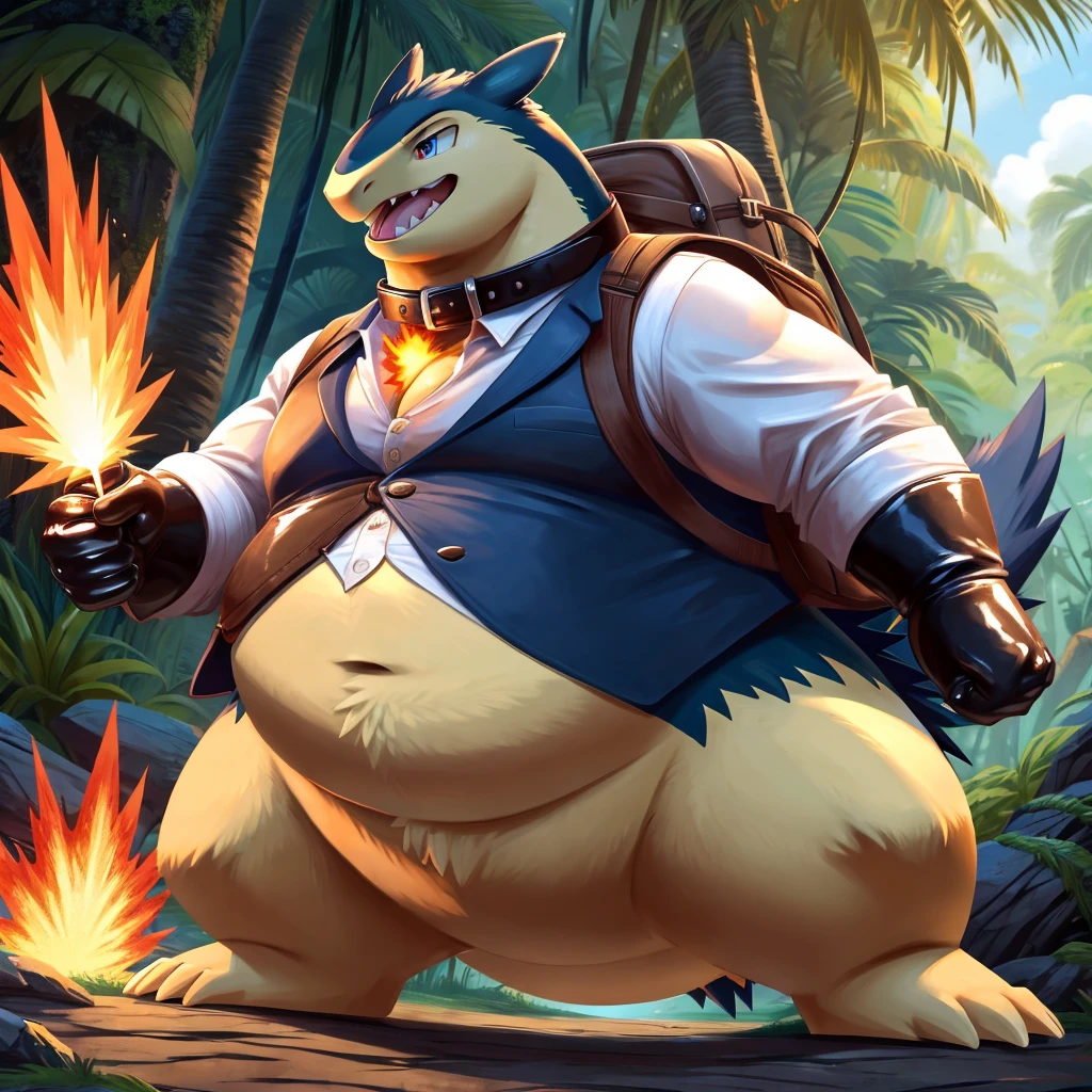 Male, fat, extremely obese, gentleman, Typhlosion, blue eyes, (posing:1.3), (soft shading), 4k, hi res, ((detailed face, detailed)), looking upward, breathing fire, gaping mouth, jungle, forest, shirt, top hat, male focus, Explorer Outfit, glasses, monocle, bag, vest, backpack, sleeves rolled up, round eyewear, brown headwear, brown vest, Typhlosion is wearing a glossy leather dog collar around the neck, Typhlosion is wearing the leather collar and shirt and vest at the same time, Typhlosion is wearing glossy white rubber gloves on the hands, wearing white rubber gloves on the feet, Typhlosion is wearing glossy white cuffs around the wrists and ankles, gold cufflinks gloves are rubber in texture, clenching teeth, clenching fists, leather collar is glossy and shiny with a lot of detail, Typhlosion is wearing gloves and cuffs and cufflinks at the same time.