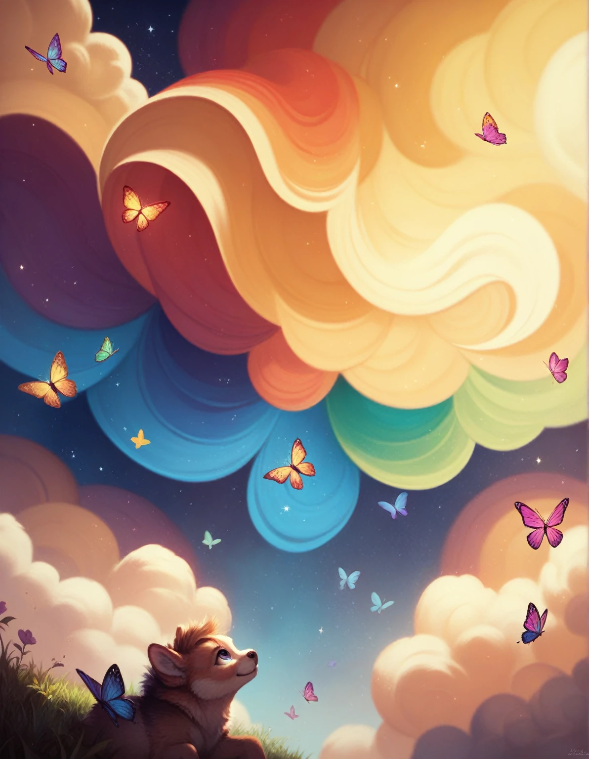 ((best quality)), ((masterpiece)), (detailed), Drawing a cute rainbow-colored round monster in space, rainbow-colored grass and butterflies flying on the water, looking up at the starry sky. Surrounding her with colorful nebulas and colorful forests. --auto --s2