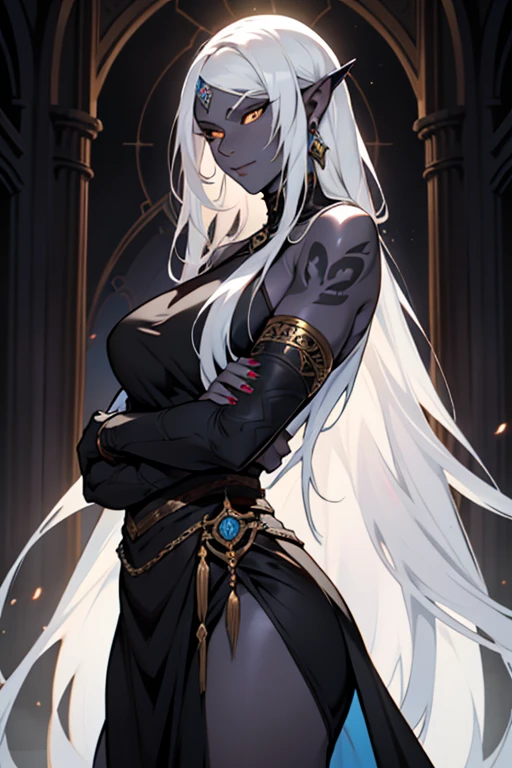 nyelyen Yraudhen is a 328 year old female drow cleric.
She has short, straight, white hair and golden eyes.
She has silky black skin.
She stands 147cm (4'9") tall and has a regular build.
She has an oblong, slightly sightly face.
She has a tribal tattoo on her back and a tattoo of an inspirational quote about daylight on her neck.