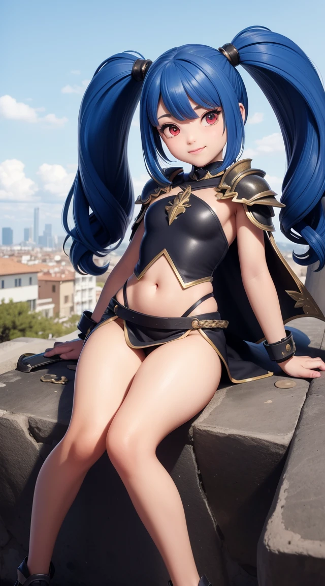 (cabello despeinado), (illustration), retrato, (fondo de ciudad futurista), (arms behind back), Cintura delgada, gran sonrisa, abdominales fuertes, chica delgada, strong abs, muscle girl, front pose, big thighs, focus on face, flat chested, large cathedral background, blue hair, shirt with skirt, sit on rock, detailed vagina, nude, heavy knight armor, mecha musume, pale skin, gothic dress, twin tails, red eyes