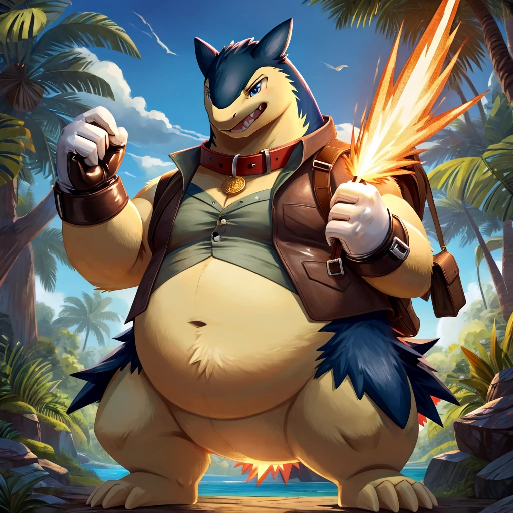 Male, fat, extremely obese, gentleman, Typhlosion, blue eyes, (posing:1.3), (soft shading), 4k, hi res, ((detailed face, detailed)), looking upward, breathing fire, gaping mouth, jungle, forest, shirt, top hat, male focus, Explorer Outfit, glasses, monocle, bag, vest, backpack, sleeves rolled up, round eyewear, brown headwear, brown vest, Typhlosion is wearing a glossy leather dog collar around the neck, Typhlosion is wearing the leather collar and shirt and vest at the same time, Typhlosion is wearing glossy white rubber gloves on the hands, wearing white rubber gloves on the feet, Typhlosion is wearing glossy white cuffs around the wrists and ankles, gold cufflinks gloves are rubber in texture, clenching teeth, clenching fists, leather collar is glossy and shiny with a lot of detail, Typhlosion is wearing gloves and cuffs and cufflinks at the same time.