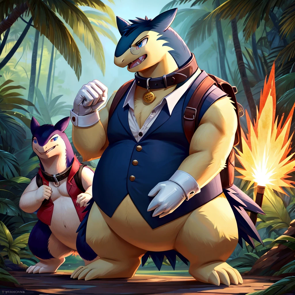 Male, fat, extremely obese, gentleman, Typhlosion, blue eyes, (posing:1.3), (soft shading), 4k, hi res, ((detailed face, detailed)), looking upward, breathing fire, gaping mouth, jungle, forest, shirt, top hat, male focus, Explorer Outfit, glasses, monocle, bag, vest, backpack, sleeves rolled up, round eyewear, brown headwear, brown vest, Typhlosion is wearing a glossy leather dog collar around the neck, Typhlosion is wearing the leather collar and shirt and vest at the same time, Typhlosion is wearing glossy white rubber gloves on the hands, wearing white rubber gloves on the feet, Typhlosion is wearing glossy white cuffs around the wrists and ankles, gold cufflinks gloves are rubber in texture, clenching teeth, clenching fists, leather collar is glossy and shiny with a lot of detail, Typhlosion is wearing gloves and cuffs and cufflinks at the same time.