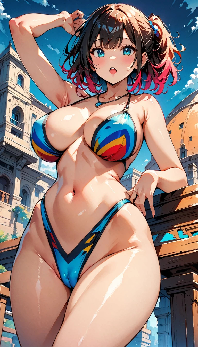 (Highest quality:1.2, Manga works, Manga style, Very detailed, Latest, Vibrant, digital coloring, High Contrast, masterpiece:1.2, Highest quality, Best aesthetics, There is), ((( 1 female:1.2))), Random hairstyle、Gradient Hair, , (Completely naked:1.2)、necklace, Beautiful thighs, Open your mouth, Sensual look、Random sexy poses, Voluptuous bust、Camel Toe、Metropolis、Streetscape、From below
