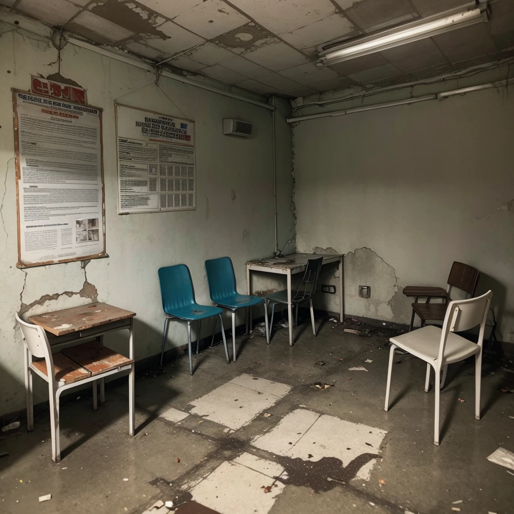 I would like a picture of a scary police station. The environment must be big and dirty, with peeling walls and details that indicate abandonment and neglect. At the center, there will be a reception desk lit by only a dim spotlight, creating intense shadows around. Around the counter, there should be approximately five simple, damaged plastic chairs. The floor is worn and stained linoleum.. On the walls, I would like to see details like old posters, an outdated bulletin board, perhaps some stains that indicate leaks or infiltrations. The environment must convey a feeling of neglect and desolation typical of a neglected place.
