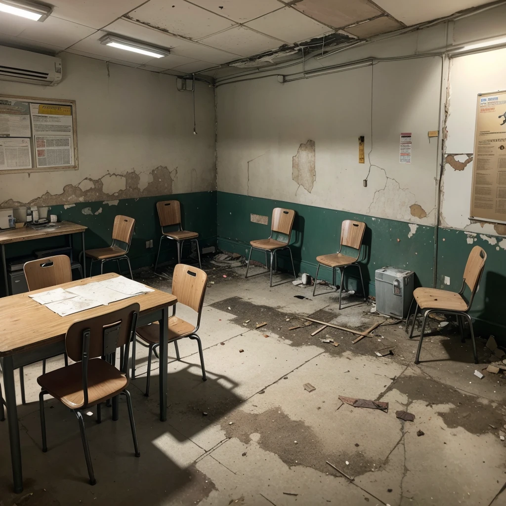 I would like a picture of a scary police station. The environment must be big and dirty, with peeling walls and details that indicate abandonment and neglect. At the center, there will be a reception desk lit by only a dim spotlight, creating intense shadows around. Around the counter, there should be approximately five simple, damaged plastic chairs. The floor is worn and stained linoleum.. On the walls, I would like to see details like old posters, an outdated bulletin board, perhaps some stains that indicate leaks or infiltrations. The environment must convey a feeling of neglect and desolation typical of a neglected place.