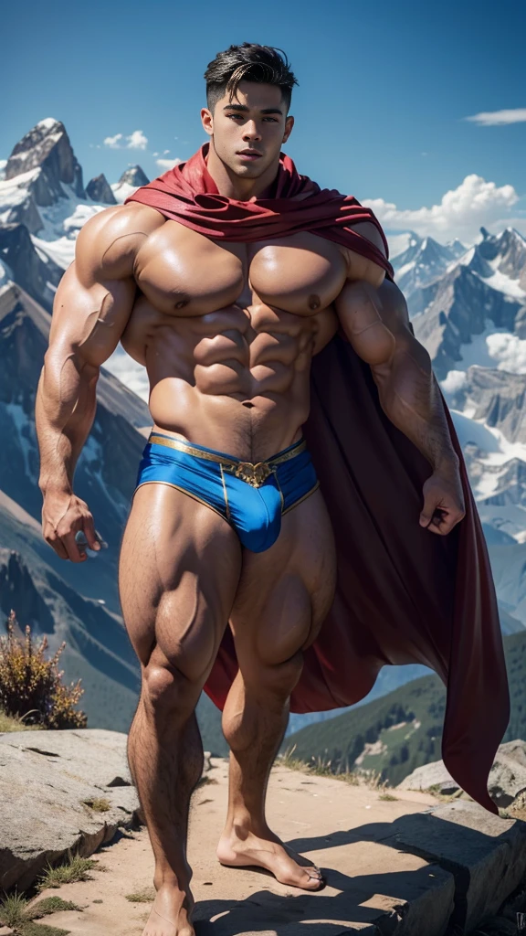 (muscular cute beautiful young boy Arion), huge strong biceps volume, huge chest muscles volume, strong muscular legs, exposed abs skin, tight trunks and cape, huge cock bulge, mountains background, wavy short hair