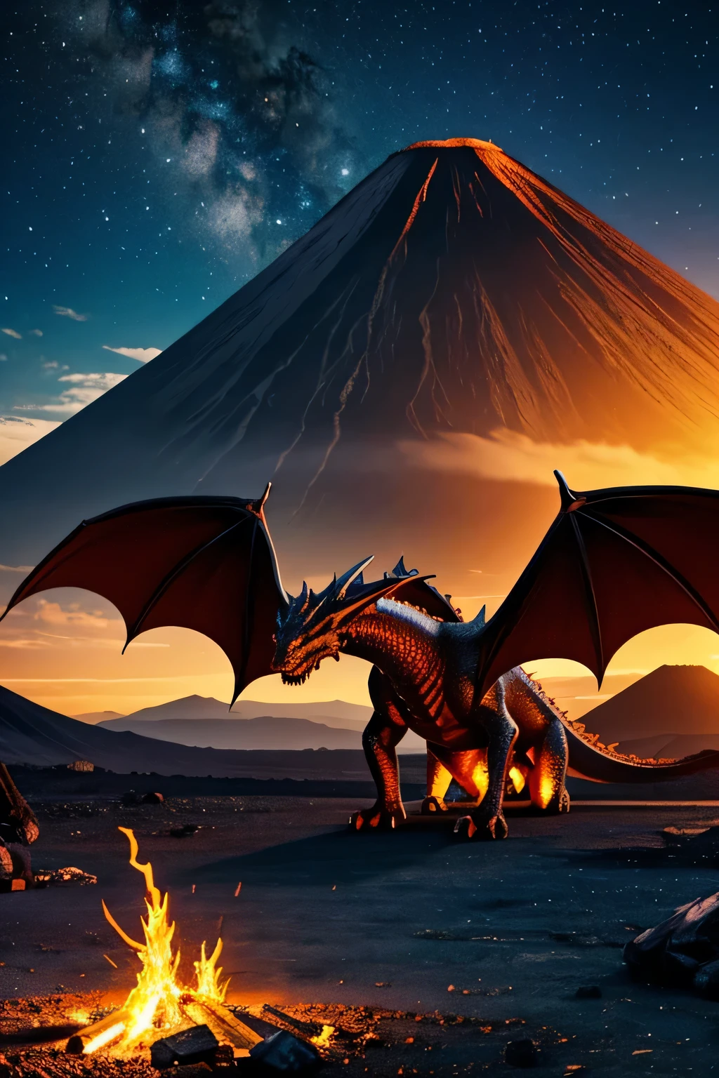 epic dragon full body in a landscape of a volcano 