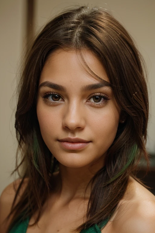 a beautiful brown, detail of the face, brown eyes mixed with a little green, beautiful hair and long 