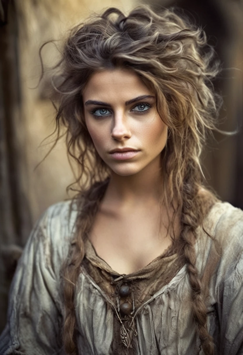 photorealistic, cute woman with messy hair and poor tattered clothes, beautiful sexy, (detailed medieval background), ultra sharp focus, detailed face, (((posing))), random hair color, short hair, pretty eyes, whole body, High quality analog color photography., depth of field, film grain