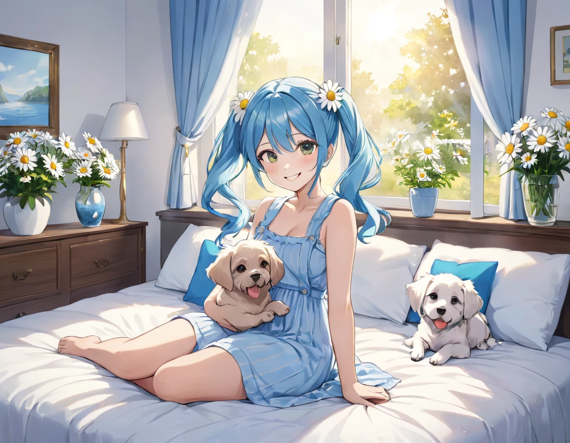 The room is decorated with many daisies.、Margaret flowers on the windowsill、The morning sun is shining、Long light blue hair、Beautiful girl with twin tails、Sitting on the bed holding a large pillow、Bright smile、My dog is watching