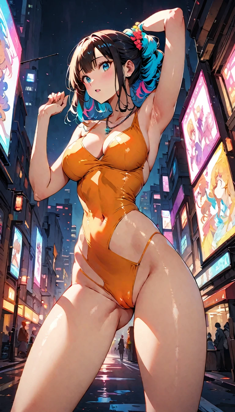 (Highest quality:1.2, Manga works, Manga style, Very detailed, Latest, Vibrant, digital coloring, High Contrast, masterpiece:1.2, Highest quality, Best aesthetics, There is), ((( 1 female:1.2))), Random hairstyle、Gradient Hair, , (Completely naked:1.2)、necklace, Beautiful thighs, Open your mouth, Sensual look、Random sexy poses, Voluptuous bust、Camel Toe、Metropolis、Streetscape、From below