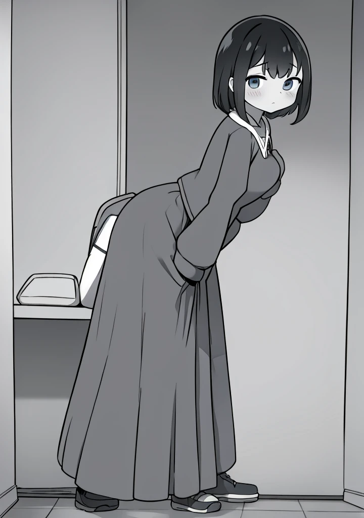 cutre girl, farting, no color, leaning forward, standing, leaning towards camera