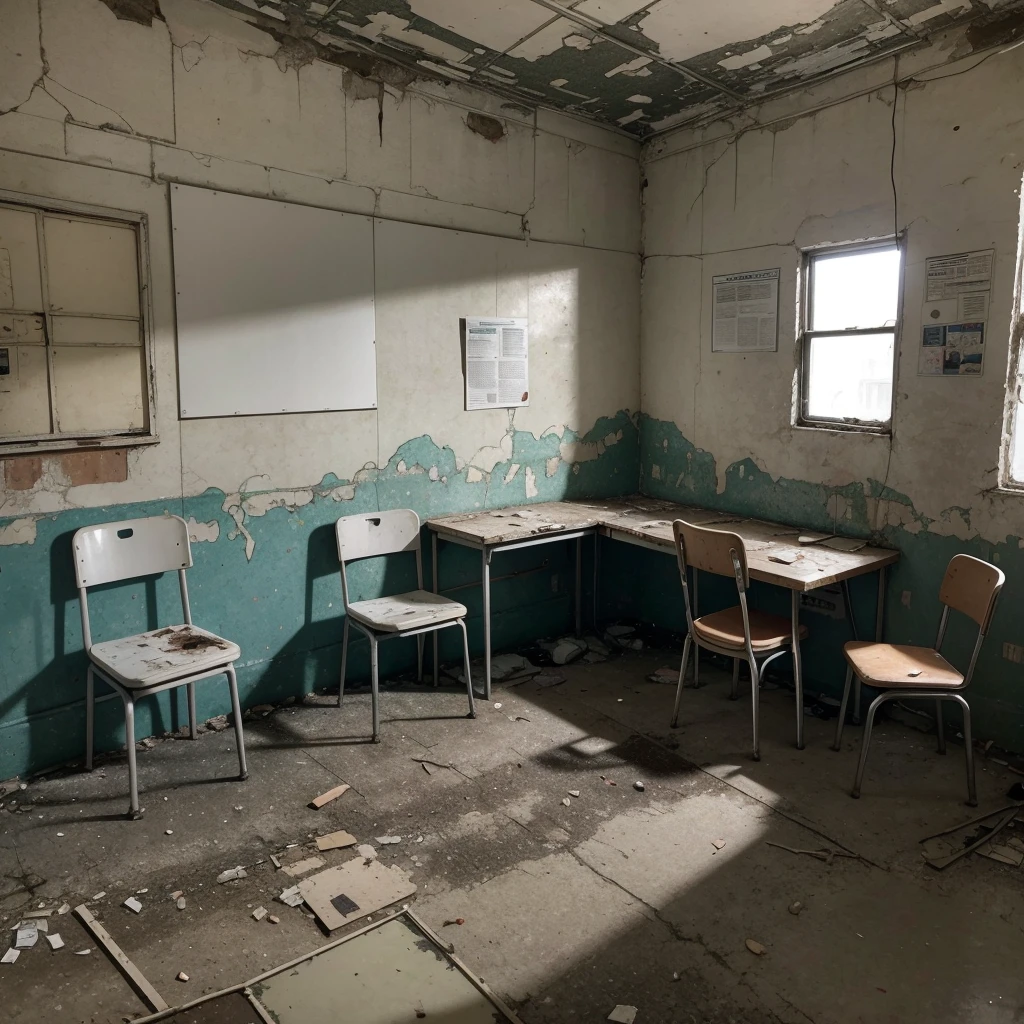 I would like an image of a scary police station. The environment must be large and dirty, with peeling walls and details that indicate abandonment and neglect. In the center, there will be a reception desk lit by only a dim spotlight, creating intense shadows around it. Around the counter, there should be approximately five simple, damaged plastic chairs. The floor is worn and stained linoleum. On the walls, I would like to see details such as old posters, an outdated bulletin board, perhaps some stains that indicate leaks or infiltrations. The environment must convey a feeling of neglect and desolation typical of a neglected place."