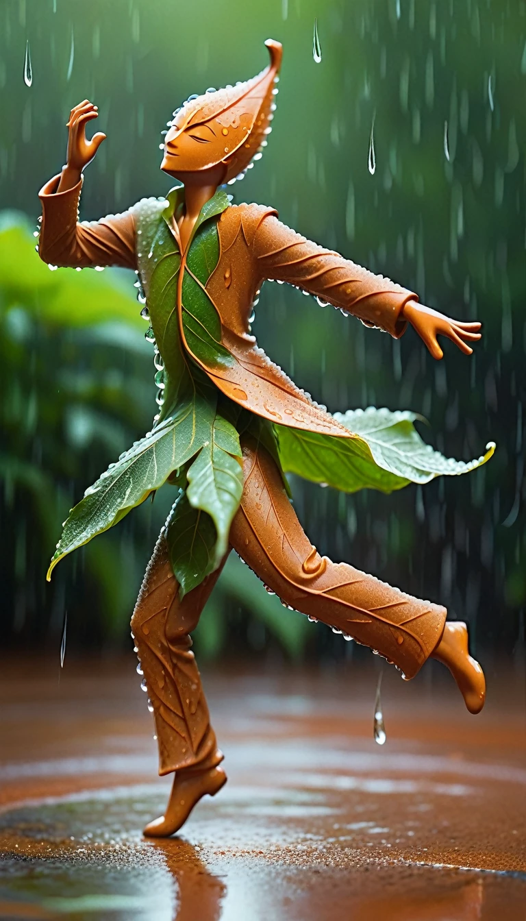 A leaf man is dancing in the rain, his body composed of
leaf with delicate veins and dewdrops glistening on them.
He gracefully twirls through the wet ground, creating an
enchanting scene that captures attention. The imagery is
nature-inspired with a blurred background and water
drops, conveying a naturalistic aesthetic in the style of
terracotta