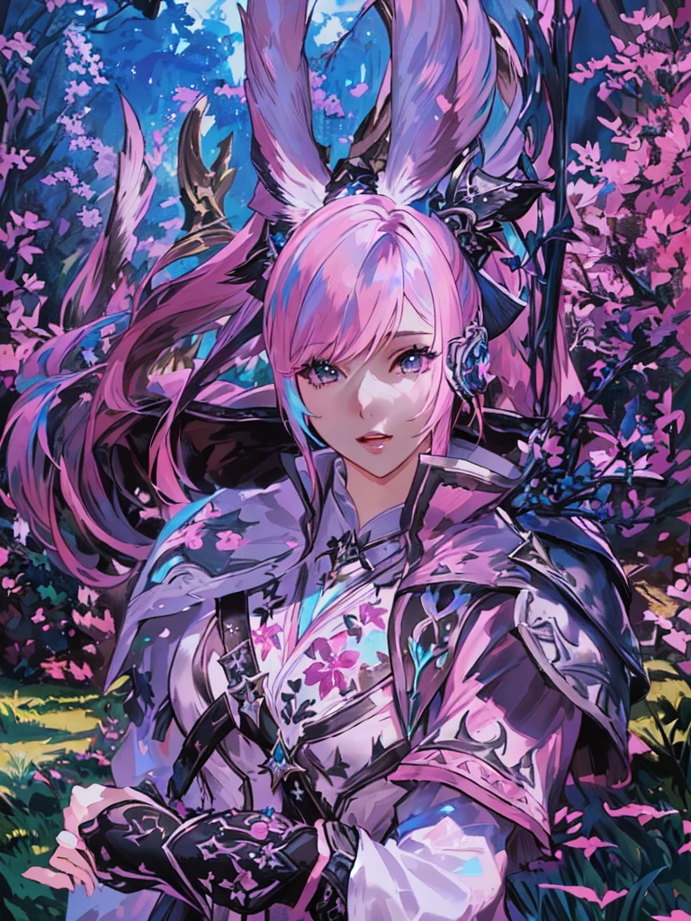 Closeup of a costumed person with pink hair, final fantasy style 14, Final Fantasy 1 4, Final Fantasy 1 4 screenshot, ffxiv cielo, Final Fantasy XIV, ffxiv, final fantasy 14 sharp, thinning pink hair, Pink hair and cyan eyes., character close up, character closeup, female character with bigger eyes and with a bow on her back you can make a very beautiful forest environment