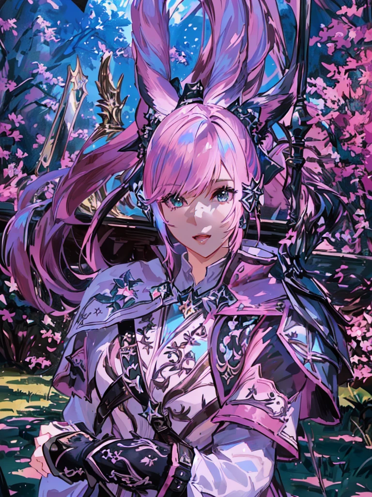 Closeup of a costumed person with pink hair, final fantasy style 14, Final Fantasy 1 4, Final Fantasy 1 4 screenshot, ffxiv cielo, Final Fantasy XIV, ffxiv, final fantasy 14 sharp, thinning pink hair, Pink hair and cyan eyes., character close up, character closeup, female character with bigger eyes and with a bow on her back you can make a very beautiful forest environment