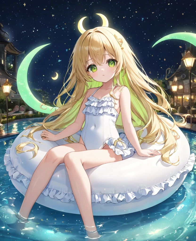 (masterpiece, best quality:1.2), (absurdres, highres, ultra-detailed), (perfect anatomy),
Cute Girls、Night Pool、Riding on a float、Blonde、Fluffy longhair、Yellow-green eyes、Background glitter、night、Crescent Moon、heart、White frilly swimsuit
(8K, RAW photo:1.2),detailed face and eyes,intricate detail ,masterpiece ,sharp focus, high quality,BREAK,rating: general, newest
